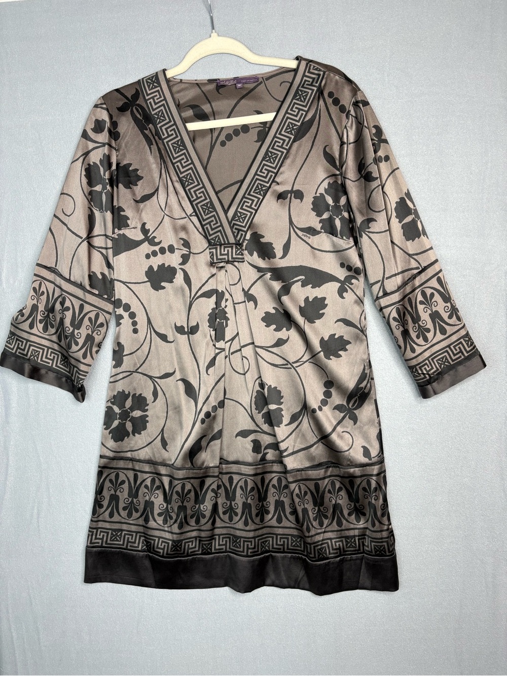 Hale Bob 100% Silk Tunic Dress M Taupe Black Floral Greek Key Boho 3/4 Sleeve